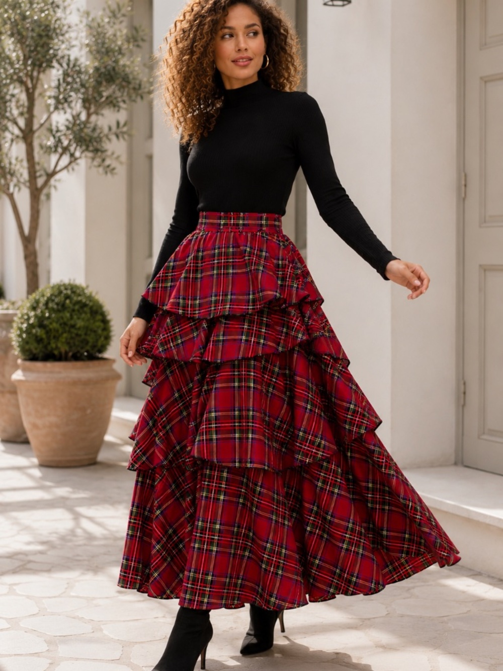 Buru Teagan Red Tartan Plaid Tiered Maxi Skirt Sz M Christmas Occasion NWT